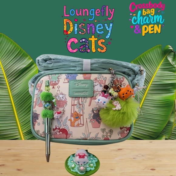 NWT Loungefly Disney Cats 🐱Plants Crossbody Bag, Charm, Pen, & Compact Mirror - Picture 1 of 16